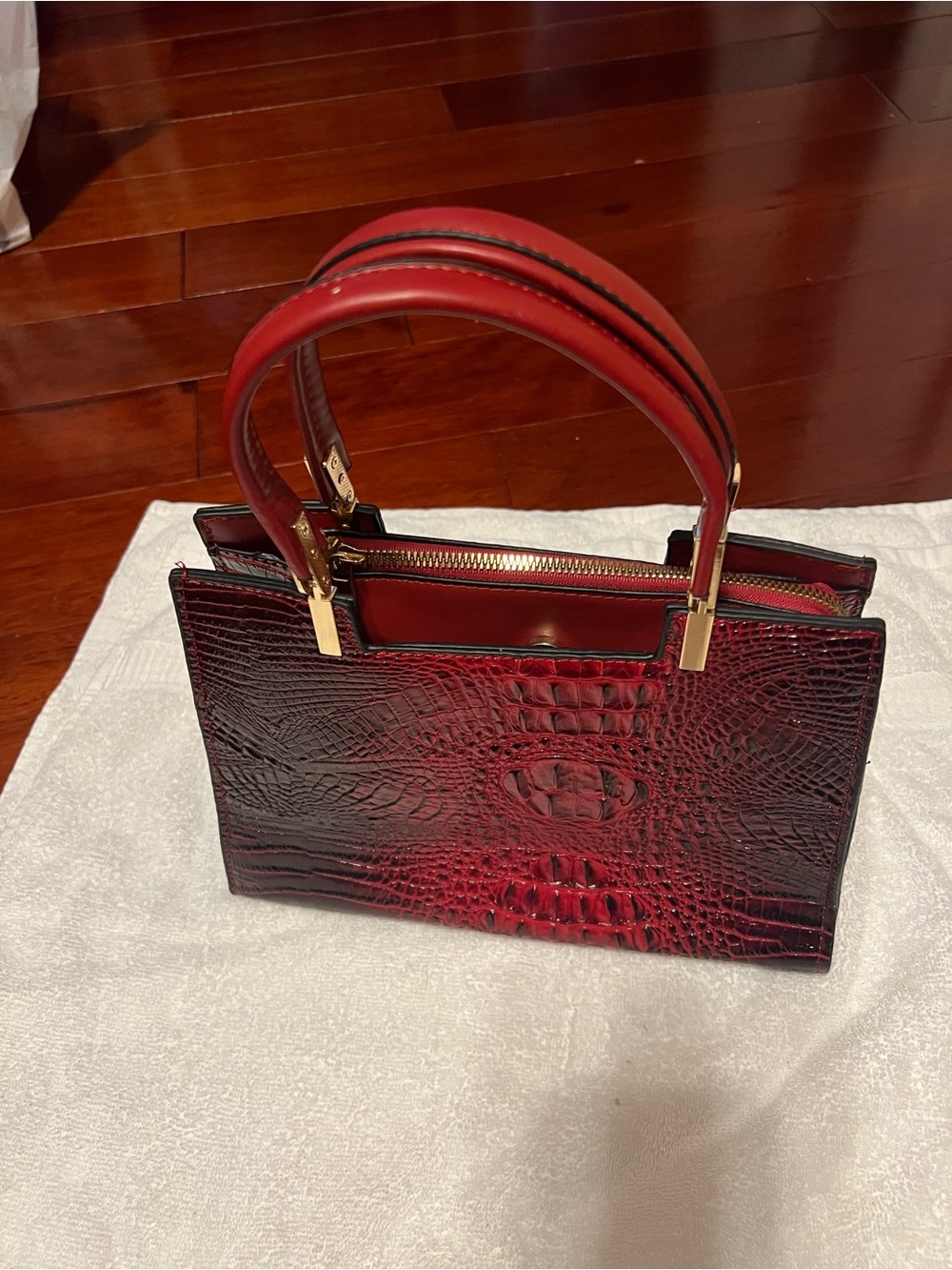 Red Croc-Embossed Structured Satchel Handbag
